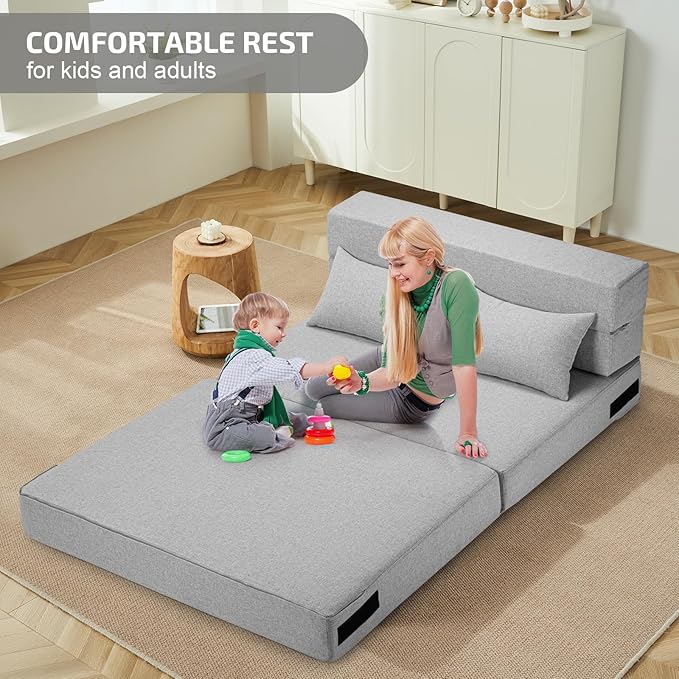SUYOLS Folding Sofa Bed with Pillows- Convertible Chair Floor Couch & Sleeping Mattress, Foldable Memory Foam Sleeper for Living Room/Dorm/Guest Room/Home Office/Apartment/Loft, Twin, Light Gray