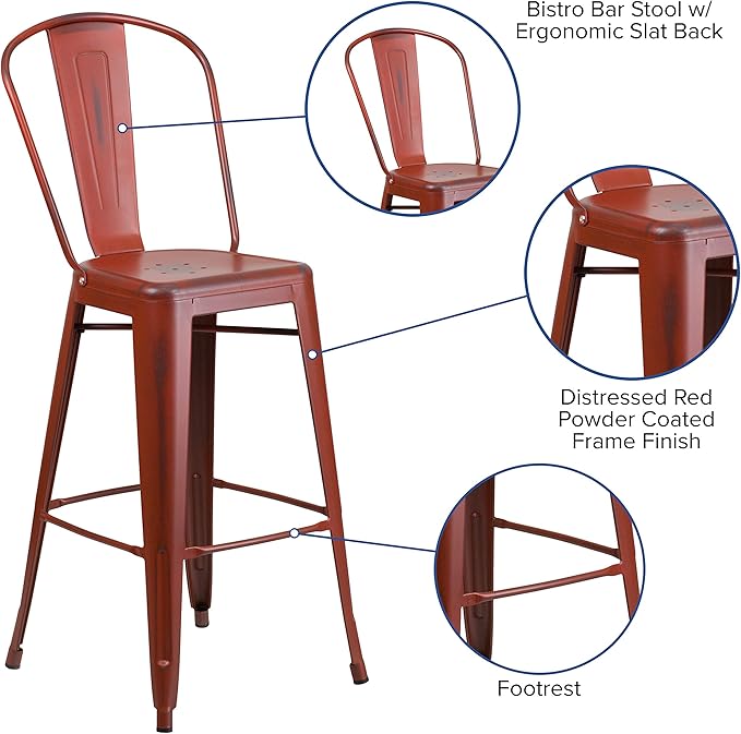 Flash Furniture Commercial Grade 30" High Distressed Kelly Red Metal Indoor-Outdoor Barstool with Back