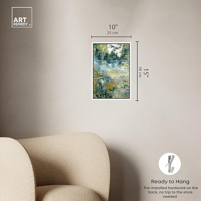 Art Remedy Green Moss Monet Garden Green Abstract Canvas Wall Art, White Floater Frame, 10"x15"