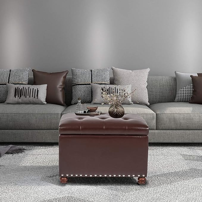 Adeco Button Tufted Accents Rectangular PU Leather Storage Bench Ottoman Footstool for Living Room Bedroom