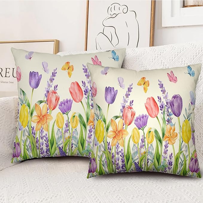 Spring Tulip Floral Pillow Covers 16x16 Set of 2 Watercolor Lavender Daffodils Flowers Throw Pillows Summer Outdoor Farmhouse Pillow Case for Couch Home Sofa Bed Decor