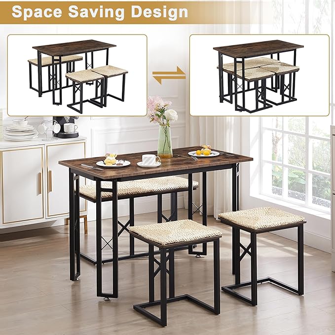 VECELO 43.3" Kitchen & Dining Table Set for 4, Rustic Farmhouse Style with 3 Benches and Wicker Cushions, Compact Metal Frame with Adjustable Foot Pads, Brown