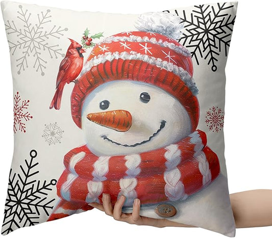 Snowman Pillow Covers 18x18 Set of 2 Christmas Winter Holiday Throw Pillow Covers Lovely Red Snowman with Cardinal Bird Snowflake Cushion Case for Living Room Bedroom Sofa