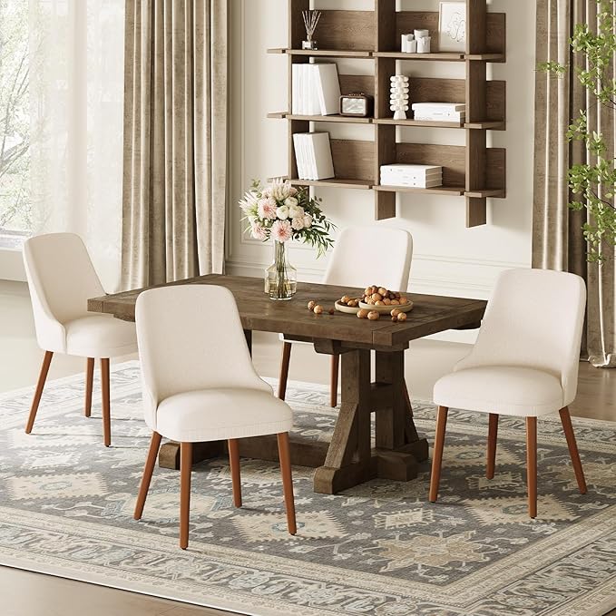 Dining Chairs Set of 6, Upholstered Dining Room Chair with Wood Legs, High-Back Padded Kitchen Chairs for Dining Room/Restaurant/Cafe, Beige