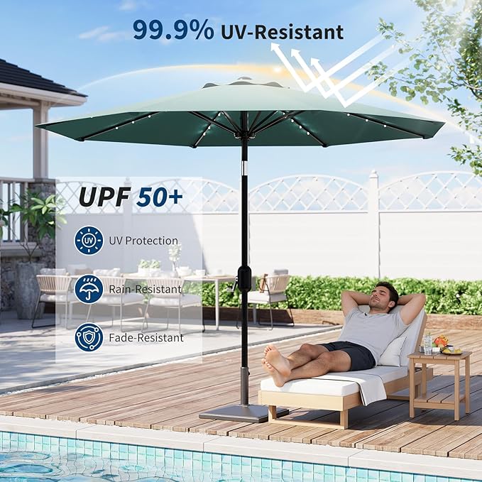 Patio Umbrella with Solar Lights, Outdoor Table Umbrella with 8 Durable Ribs, Tilt & Crank Mechanism, Water & UV Protection Sun Shade Umbrella for Garden, Poolside, Backyard (Turquoise, 9 FT)