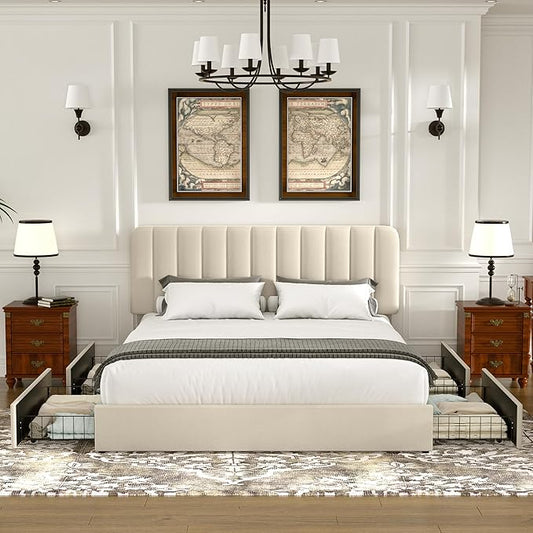 VECELO King Size Upholstered Bed Frame with 4 Drawers and Headboard, Velvet Platform Storage Bedframe, Wooden Slats Support, No Box Spring Needed,Bone Beige