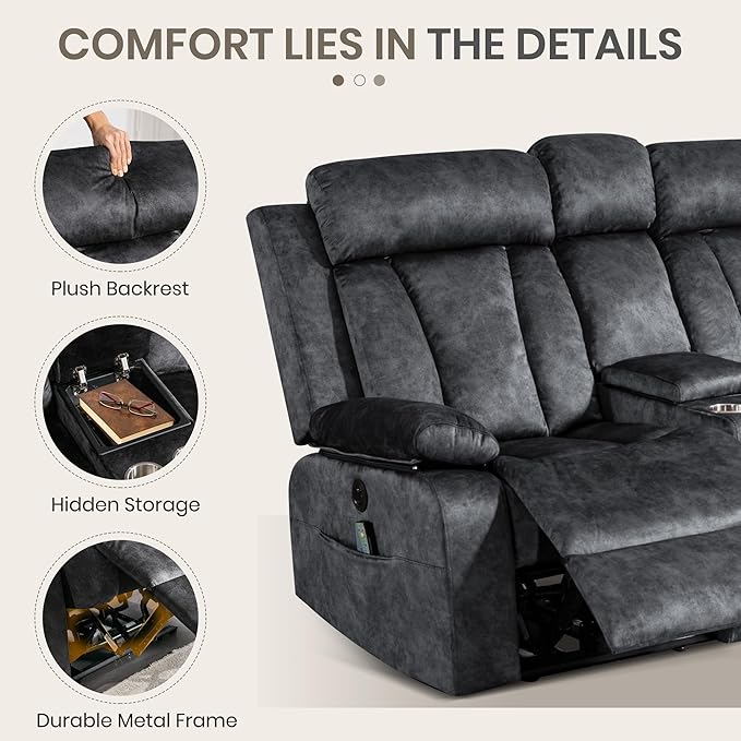 Power Reclining Loveseat with Heat & Massage, Dual Recliner Sofa with Console, Cup Holders, USB & Type-C Ports, 2 Seater Electric Reclining Couch for Living Room, RV (Grey, 2 Seat)