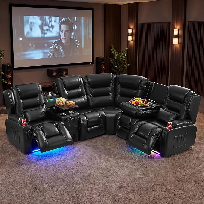SAMERY Recliner Sectional Couch, Power Reclining Sectional Sofa, Wall Hugger Recliners RV Couch with Corner Couch, Flip-Backrest, Lift-Top Table, Ambient Lights, USB, Faux Leather, Black | Extra Wide Seat, Plush Padding, Dual Power Recline, Lift-Up Tab...