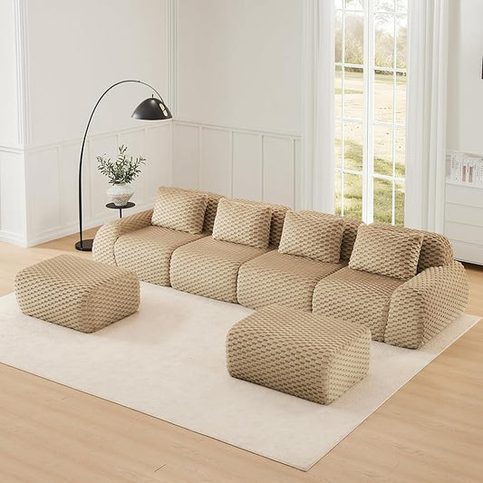 KEIKI 146" Oversized 4-Seater Boneless Couches for Living Room, Extra Deep Modular Sectional Velvet Sofa U-Shaped, Cloud Seating No Assembly Lounge Couch for Home, Modern Comfort Design, Light Camel