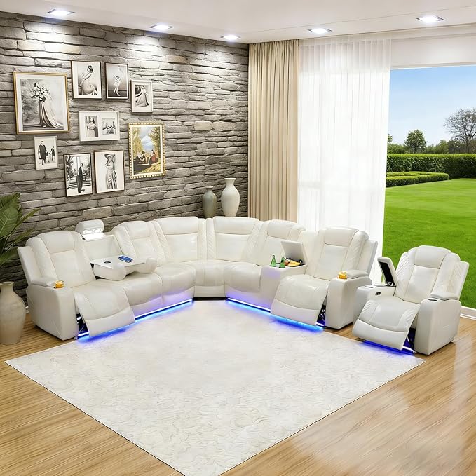Power Recliner Sectional Sofa Set, Creamy Leather Sectional Couch and Chair for Living Room, L Shape Reclining Sofa with Cup Holder, Hidden Storage, Drop-Down Table for House(7 Seat)
