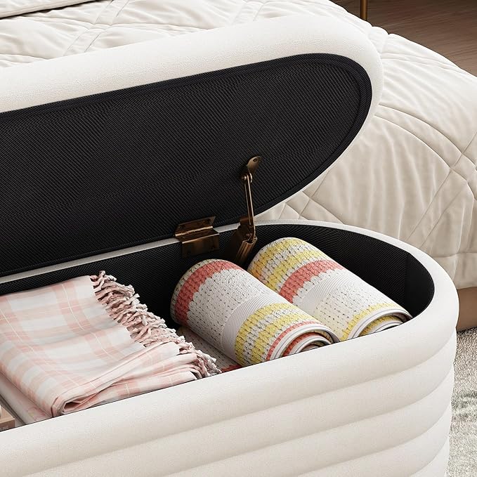Storage Ottoman Bench 40 inch Upholstered Chenille Fabric Storage Bench for Bedroom End of Bed Stool Aesthetic Large Storag Ottoman for Living Room Entryway,White