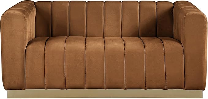 Meridian Furniture 603Saddle-L Marlon Collection Modern | Contemporary Velvet Upholstered Loveseat with Deep Channlel Tufting and Brushed Gold Finish, Saddle, 62.5" W x 34" D x 28" H