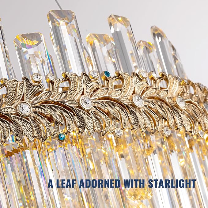 Gold Crystal Chandeliers for Dining Room,24" Luxury K9 Raindrop Crystal Chandelier,Adjustable Brushed LED Pendant Ceiling Light Fixture with Leaf-Edge for Dining Living Room Foyer Entryway