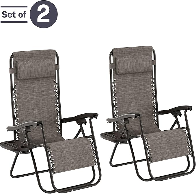 Lavish Home Zero Gravity Lounge Chairs- Set of 2- Gray Folding Anti-Gravity Recliners- Side Table, Cup Holder & Pillow-for Outdoor Lounging