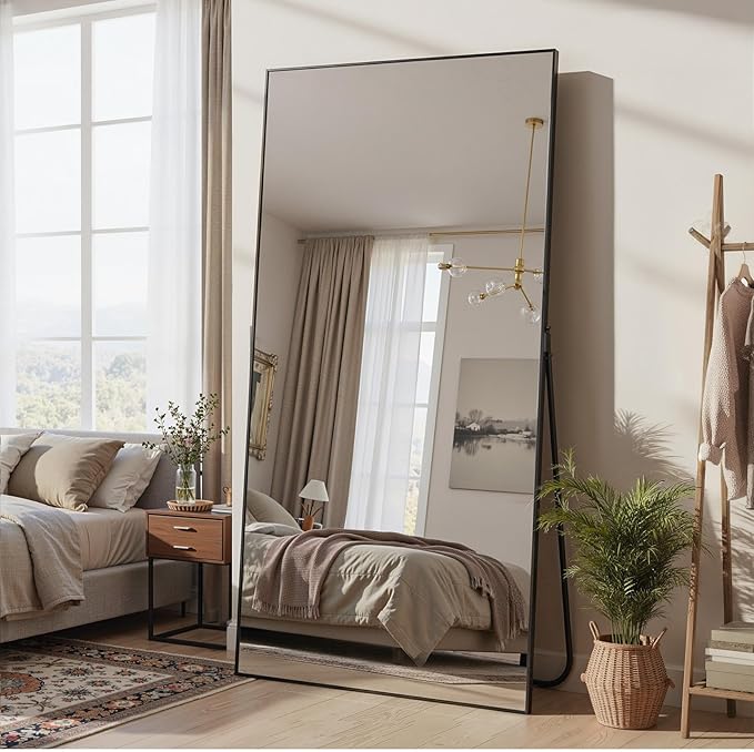 Full Length Mirror, 75"x36" Full Body Mirror, Floor Mirrors with Stand, Body Mirrors Standing Hanging Leaning Against Wall,Aluminum Frame Mirrors for Bedroom Cloakroom,Living Room,Black