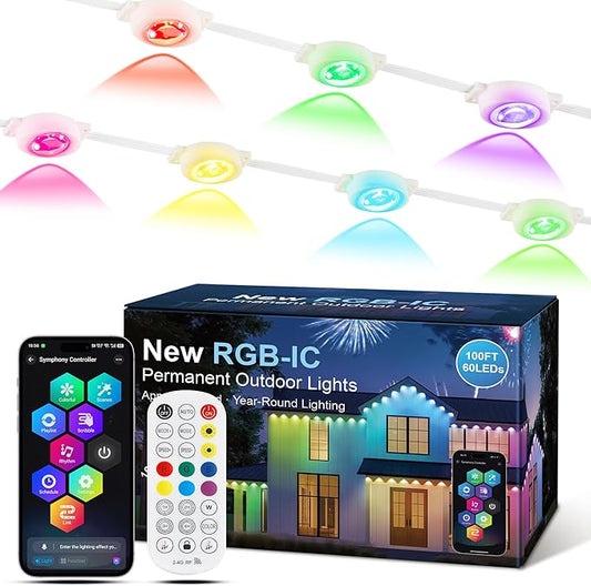 Permanent Outdoor Lights for House, 60 LED 100ft RGBIC Eaves Lighting, Year-Round Smart Lights for Patio Decor & Outdoor Parties, Game Day, Easter, Holiday Decor