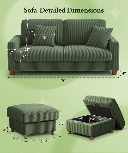 Welzona 70.2" Couches for Living Room, Comfy L Shaped Couch Green 7.1" Thicker Cushion, Sofas for Living Room Tool-Free Setup, Loveseat with Ottoman 705lbs Support, Corduroy Couch for Bedroom, Office