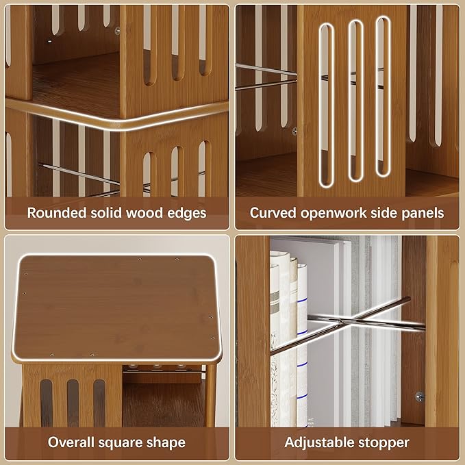 5 Tier Rotating Bookshelf Tower on Wheels, Wood Spinning Bookcase, Bamboo Revolving Book Shelf, Narrow Bookshelves for Small Space, Corner, Bedroom, and Living Room - Walnut