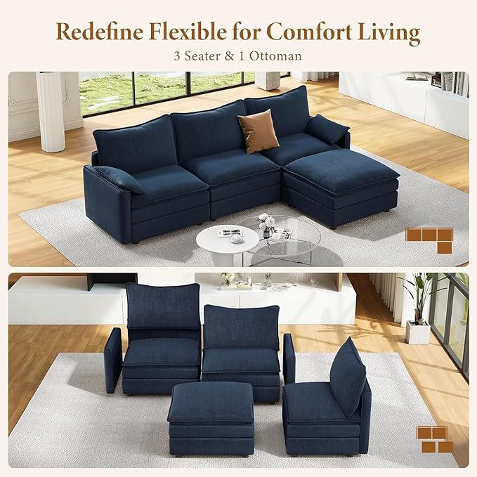 Vesgantti 108" Modular Sectional Sofa, Comfy Cloud Couch with Movable Ottoman Deep Seat Chenille L Shaped Modular Sofa, Sectional Couches for Living Room, Bedroom and Apartment, Blue | Sink-in Comfort, Height Adjustable, Easy Rearrangement, Extra-deep ...