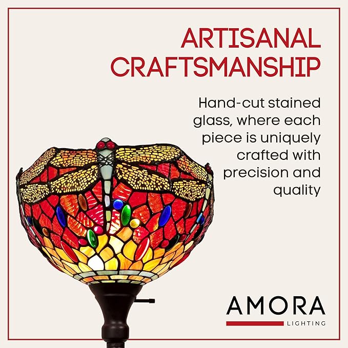 Amora Upright Tiffany Floor Lamp - 74” Dragonfly Stained Glass Floor Lamp
