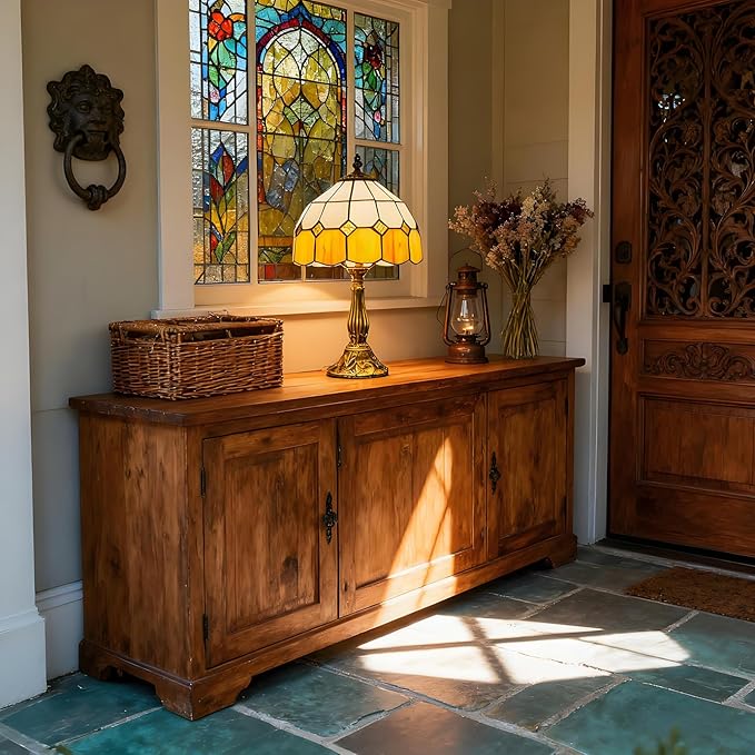 Table Lamp Tiffany-Style 8 Inch Mediterranean Series Stained Glass Lampshades Small Bedside Lamp Reading Antique Desk Light Livingroom Bedroom Office Vintage Art De(Color:Yellow)