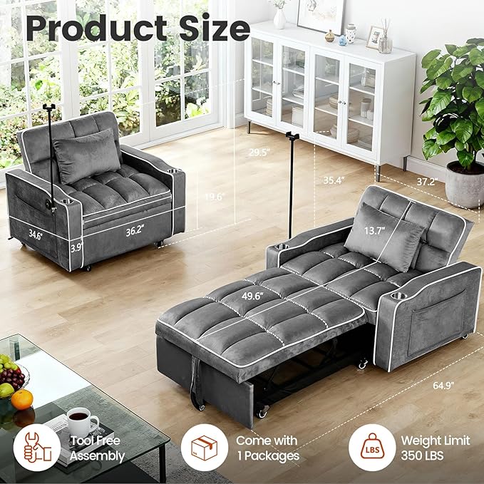 Convertible Sleeper Chair Bed, Pull Out Chair Sleeper with Bracket and Cup Holder, Chairs Bed Sleepers for Adults, 3 in 1 Sofa Bed Chairs for Small Spaces, Living Room, Gray