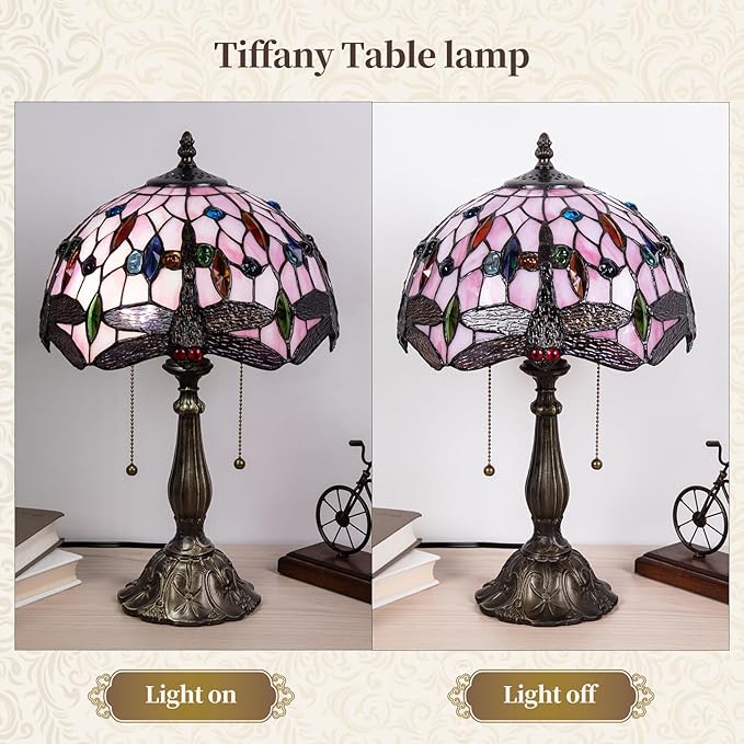 Tiffany Table Lamp, Pink Dragonfly Stained Glass Lamp,12 Inch Tiffany Style Lamp for Bedroom Living Room Home, Handcrafted Light, Included Bulb