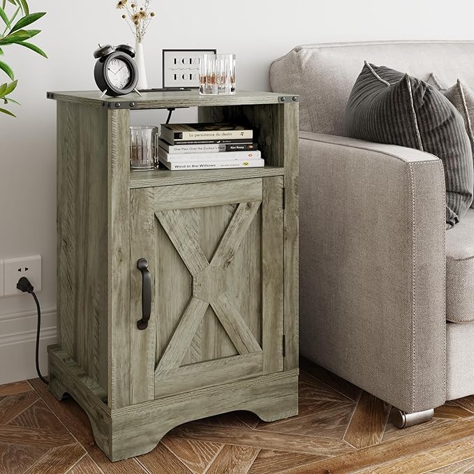 RoyalCraft Set of 1 Farmhouse Nightstand, Grey End Table with Charging Station, Tall Bedside Table with Large Storage Room and Shelf, Wooden Rustic Side Table for Bedroom, Home Office, Light Grey