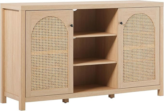 Walker Edison Sasha 2-Door Sideboard Buffet with Arched Rattan Panels, 58 Inch, Coastal Oak