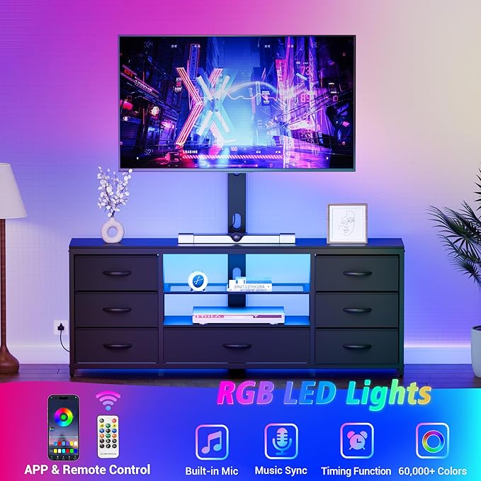 TV Stand with Mount and 7 Fabric Drawers, Led Entertainment Center with Power Outlets for 32 45 55 60 65 70 inch TVs, Black Dresser with Open Shelves, Media Console Cabinet for Living Room Bedroom