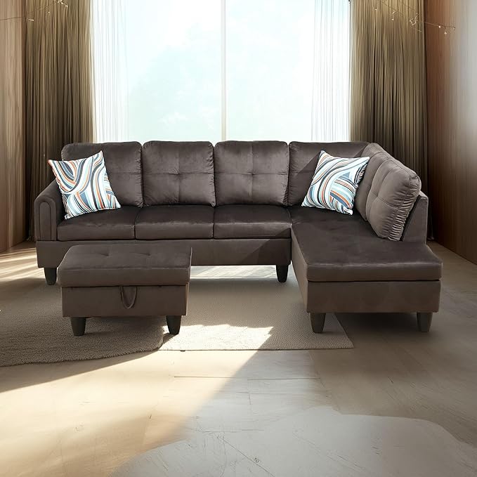 97" L-Shape Sectional Sofa Set, 3 Piece Living Room Couch with Storage Ottoman & Right Chaise Lounge, Faux Leather Button Tufted Upholstered Corner Couch for Home, Apartment, Dark Brown