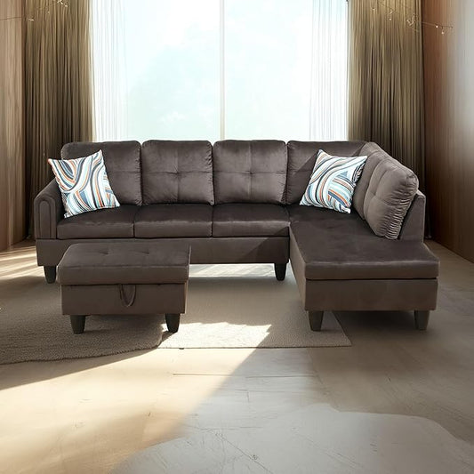 97" L-Shape Sectional Sofa Set, 3 Piece Living Room Couch with Storage Ottoman & Right Chaise Lounge, Faux Leather Button Tufted Upholstered Corner Couch for Home, Apartment, Dark Brown