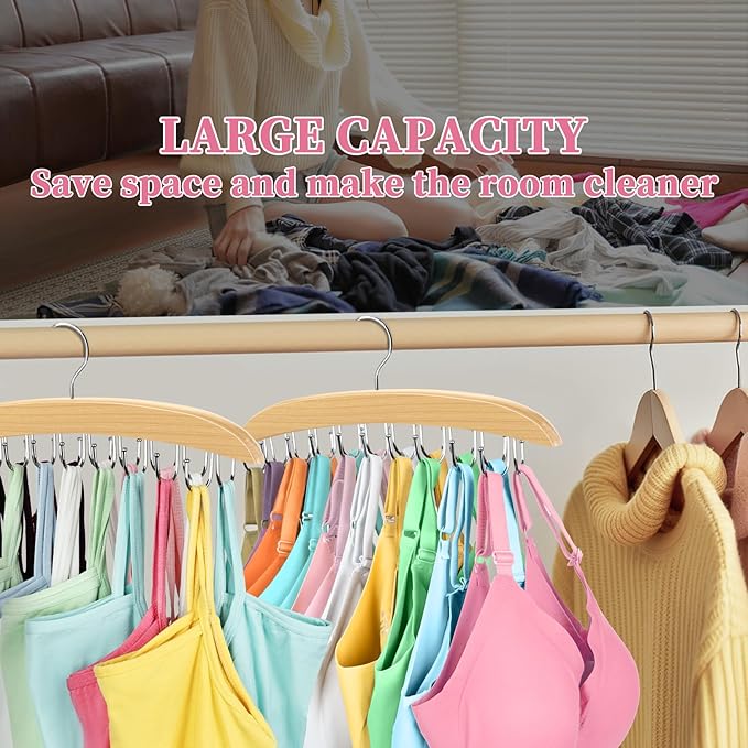 Bra Organizer for Closet, 360° Rotating Bra Hanger Space Saving w/20 Foldable Metal Hooks, Tank Top Hanger Closet Organizers and Storage for Camisoles/Tank Tops/Bras/Belts/Scarves Wood