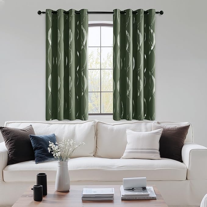 NICETOWN 100% Blackout Curtains 63 inch Length 2 Panels, Dark Mallard, 52" x 63", Noise Reducing Thermal Insulated Wave Line Foil Print Design Blackout Curtains for Hall Closet Villa Door
