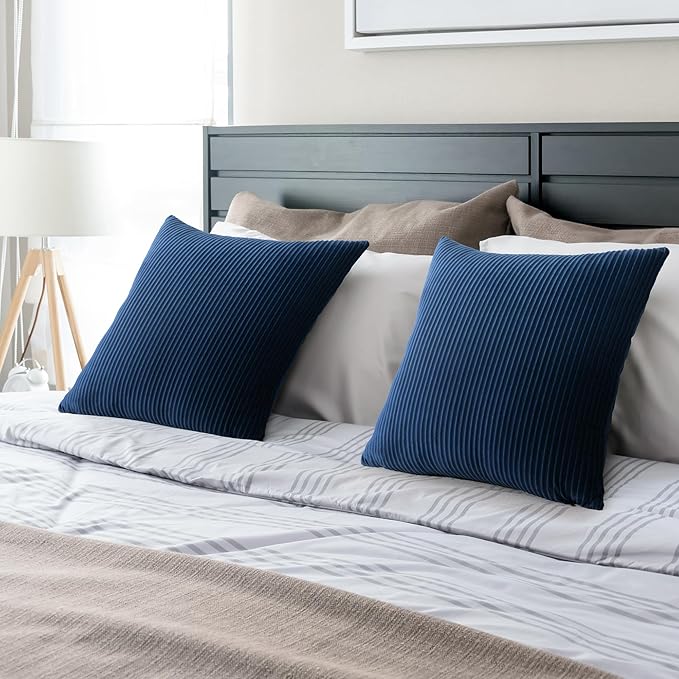 YCOLL Navy Blue Pillow Covers 24x24 Set of 2 Velvet Striped Pattern - Soft Throw Pillows for Home Decor, Luxury Decorative Pillow Covers for Couch, Bed,Living Room