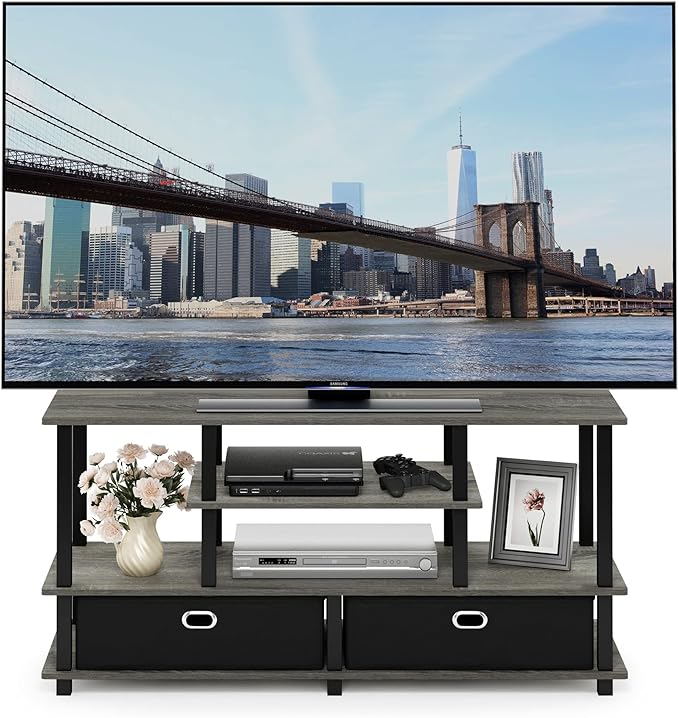 Furinno JAYA Large Stand for up to 55-Inch TV, French Oak, 47. 63(W) x 15. 55(H) x 22. 79(D) Inches., Grey/Black