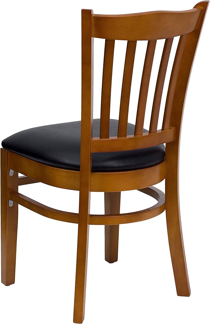 Flash Furniture 4 Pk. HERCULES Series Vertical Slat Back Cherry Wood Restaurant Chair - Black Vinyl Seat
