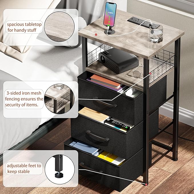 Night Stand Set 2 with Charging Station, End Table Set of 2 with 20 Colors LED Light Strip, 3 Fabric Drawers, Bedside Table with USB Ports and Outlets for Bedroom (Grey)