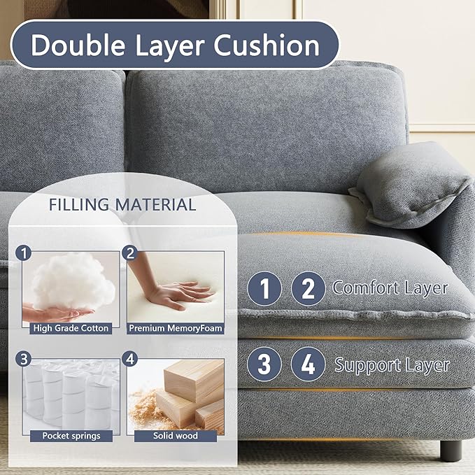 114" U Shaped Cloud Couch Sectionals Comfy Grey Sectional Couches for Living Room Modern Fluffy Oversized Modular Sofas with Ottoman, Chenille Large Big 5 Seat Sofa Set
