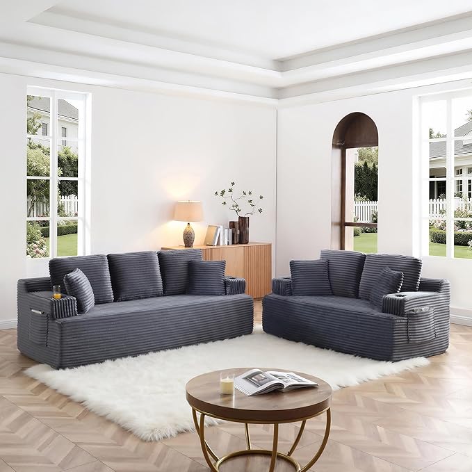Eafurn Floor Loveseat Boneless Sofa Couch in a Box with Cup Holder and Side Pockets, 3 Seater Comfy Corduroy Upholstered Foam Couch with Deep Seating for Living Room,No Assembly | Breathable material, Cupholders