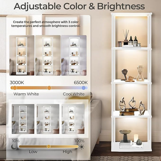 Tall Display Shelf Floor Lamp, Dimmable LED lamp with 3 Color Temperatures, Sturdy Glass Curio Cabinet Bookcase with Remote Control, Floor Lamp with Shelves for Living Room Decor, Collectibles (White)