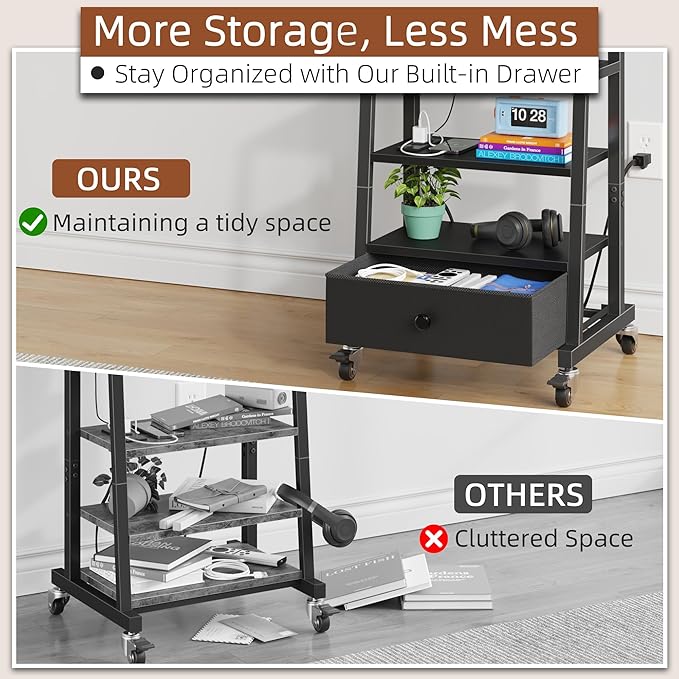 Rolling TV Stand with Wheels and Mount & Fabric Drawer - Entertainment Center with Power Outlet and Small TV Stand for Bedroom, Living Room - 15" Black