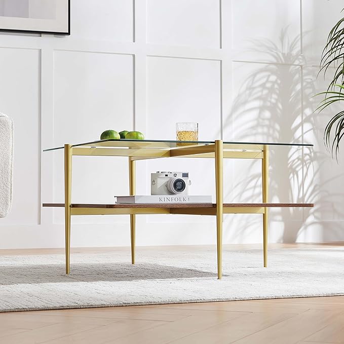 Square Glass Coffee Table, Mid-Century Modern Design, L30 x W30 x H17 inch, for Living Room, Clear Glass Top and Walnut Finish Wood Shelf, Conical Legs with Gold Finish Frame