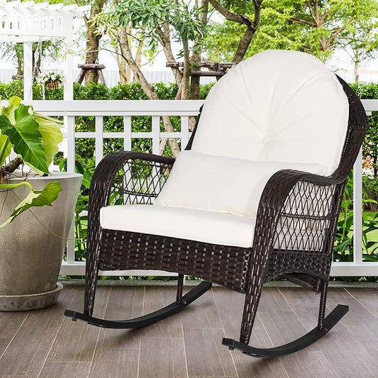 MEDIMALL Outdoor Wicker Rocking Chair, Patio Rattan Rocker w/Lumbar Pillow, Padded Seat & Back Cushions, Metal Frame, Mix Brown Wicker Furniture for Balcony, Porch, Deck, Backyard (Off White)