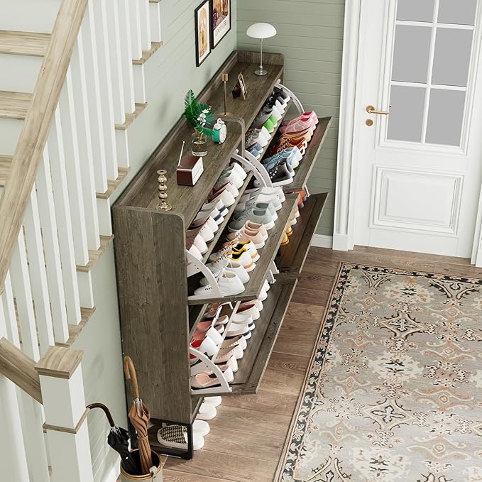 Shoe Cabinet, Shoe Storage Cabinet with 2 Flip Drawers & Adjustable Shelf, Space-Saving Shoe Organizer – Holds 16+ Pairs, Narrow Shoe Cabinet Storage for Entryway/Hallway（Grey）