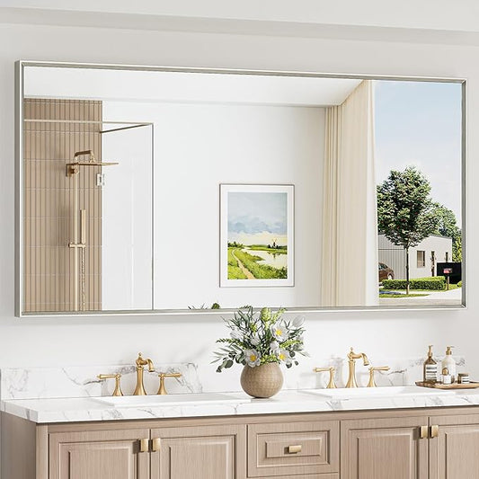 Keonjinn 72 x 36 Inch Brushed Nickel Bathroom Mirrors for Over Sink, Beveled Rectangle Framed Mirrors for Wall, Farmhouse Large Bathroom Vanity Mirror, Tempered Glass, Square Corner