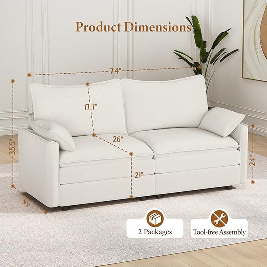 Vesgantti 74" Loveseat Sofa for Living Room, Comfy Cloud Couch Deep Seat Chenille Modern 2 Seater Small Sofa with Armrest Pillow, Easy Assembly for Small Spaces, Snow White | Sink-in Comfort, Height Adjustable, Easy Rearrangement, Extra-deep Ottoman, S...