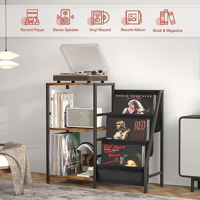 Stereo Record Player Stand with Vinyl Storage for 200 Albums, Turntable Display Shelf, Black