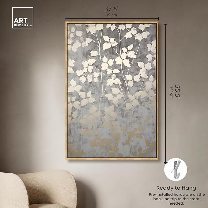 Art Remedy Silvery Gray Garden Canvas Elegant Floral Wall Art, Gold Frame, 36" x 54"