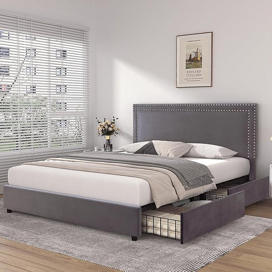 VECELO Full Size Upholstered Platform Bed Frame with 4 Storage Drawers, Adjustable Velvet Rivets Headboard, Wooden Slats Support, No Box Spring Needed, Easy Assembly